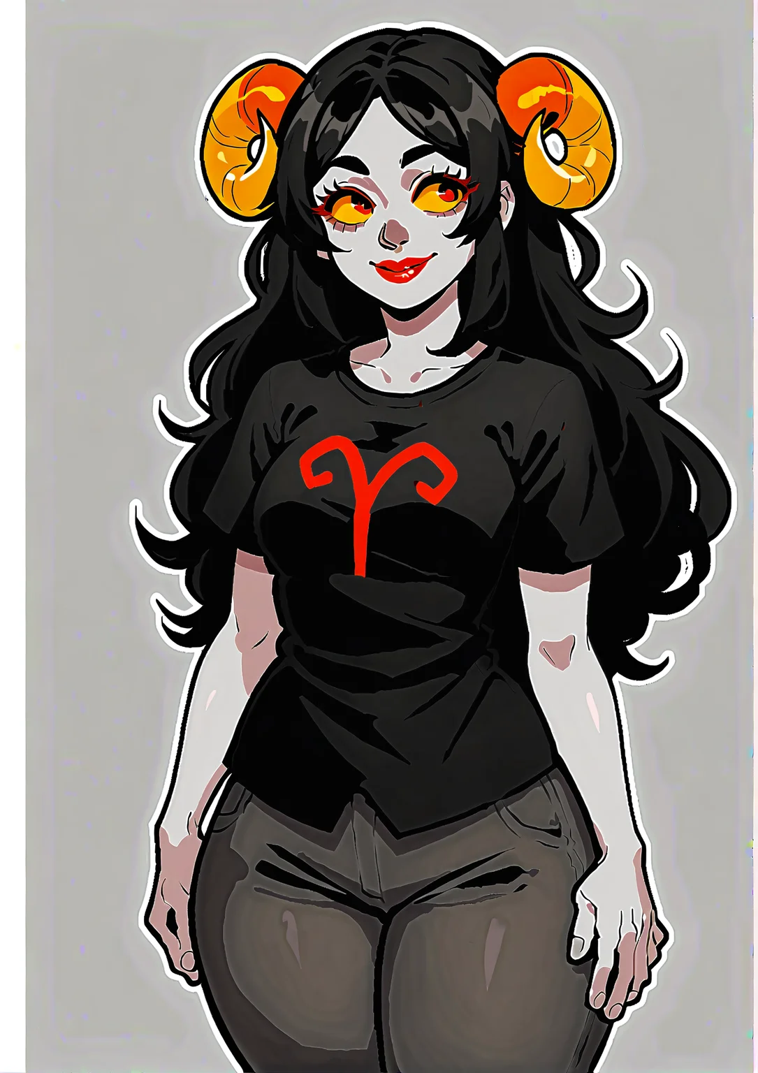score_9, score_8_up, score_7_up, score_6_up, score_5_up, score_4_up, 2d, anime, anime artstyle, simple shadows, flat coloring, flat shadows, thick lines, white outline, <lora:Aradia_Megido_Homestuck_-_Starter_outfit_Deadalive_versions:0.85>, 1girl, colored skin, grey skin, yellow sclera, red eyes, sheep horns, long hair, black hair, smile, lipstick, red lips, black shirt, t-shirt, thick thighs BREAK source_anime