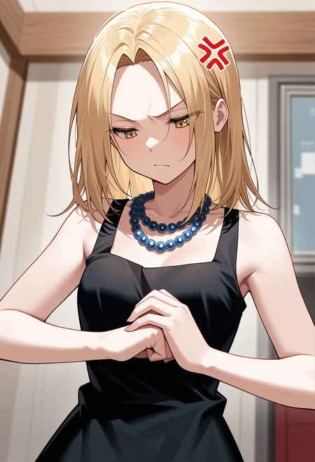 masterpiece, best quality, high quality, anime, solo,
<lora:AEAnna:1> AEAnna, yellow eyes, blonde hair, parted bangs, forehead, bead necklace, black dress, sleeveless dress, angry, cracking knuckles, anger vein, looking down,