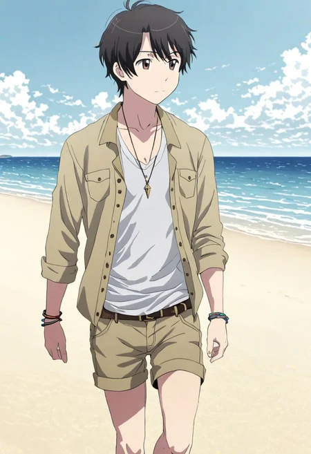 high resolution, solo, best quality, 1Boy, Inaho Kaizuka, Black Hair, Brown Eyes, beach, calm, clear sky, walking, candid, open shirt, shorts, sixpack, necklace, bracelet, OverallDetail