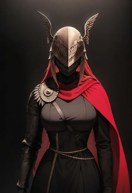 (Masterpiece), high quality, absurdres, BL4CK3STBL4CK, black_theme, matte_color, flat_color, (no_humans), vantablack, art, a woman with red hair, winged helmet, sword, red cape, Black_theme, dark lighting, black background, contrast
