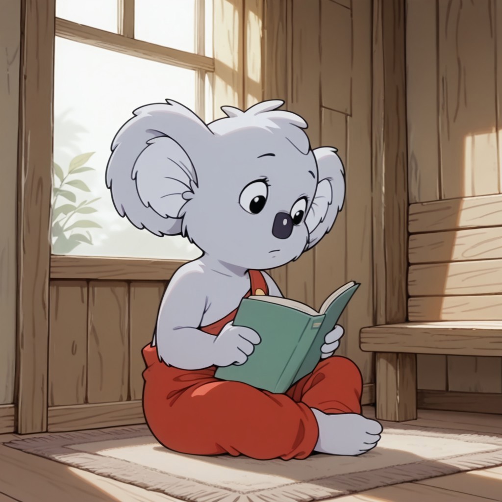 masterpiece, best quality, amazing quality, Blinkybbil, semi-anthro, male, Koala, grey fur, black eyes, one strap red overalls, sitting, inside, reading