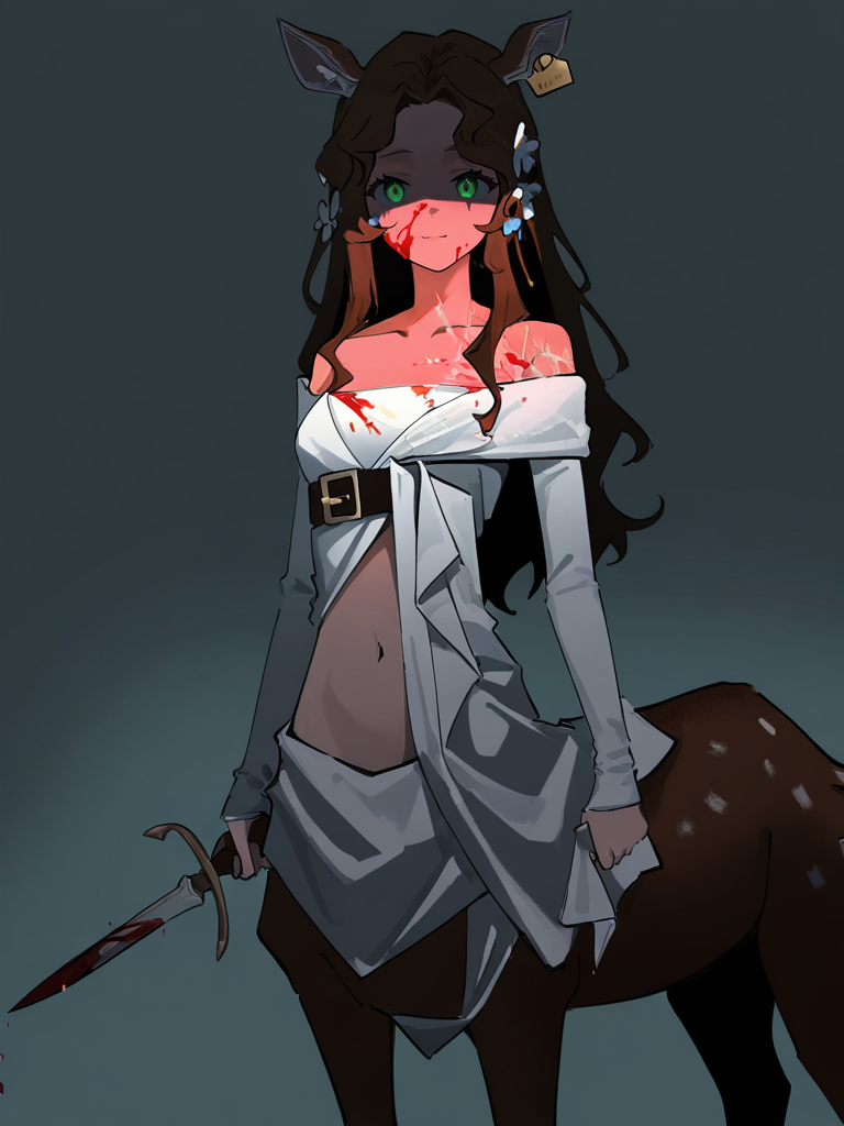 1girl,cowboy shot,jessica\\(reverse:1999\\),navel,looking at viewer,solo,simple background,,(deer girl:1.1),blood on face,yandere,shaded_face,holding,holding_dagger,night,intense shadows,<lora:jessica-000012>, masterpiece, best quality, very aesthetic, absurdres