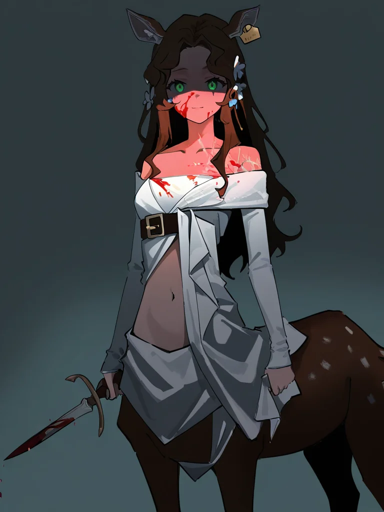 1girl,cowboy shot,jessica\\(reverse:1999\\),navel,looking at viewer,solo,simple background,,(deer girl:1.1),blood on face,yandere,shaded_face,holding,holding_dagger,night,intense shadows,<lora:jessica-000012>, masterpiece, best quality, very aesthetic, absurdres