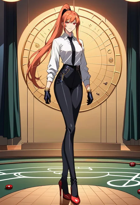 score_9, score_8_up, score_7_up, 1girl, night, indoor, in a casinò, full body, dynamic shot, from high, long legs standing behing a poker table, green table, solo, dynamic pose, Feng Ling, orange hair, red eyes, medium breast, long hair, ponytail, black pants, white shirt, long sleves shirt, black gilet, black neck tie, red heels, gold slim bracelets, black gloves, looking at the viewer, long legs, nice legs, white hips ultra detailed, masterpiece, <lora:add-detail-xl:1>, <lora:StS_PonyXL_Detail_Slider_v1.4_iteration_3:4>