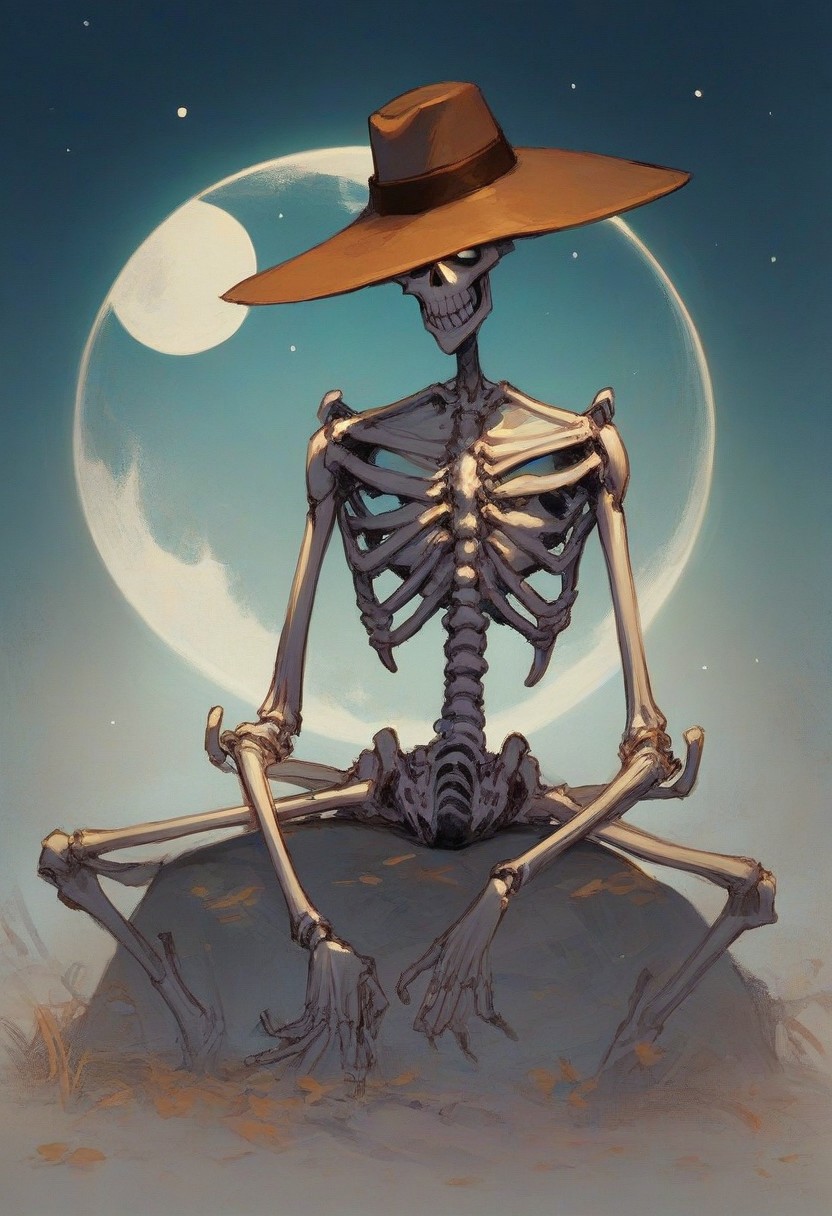 score_9, score_8_up, score_7_up, full dark, no stars, skeleton wearing cowboy hat, sitting on moon