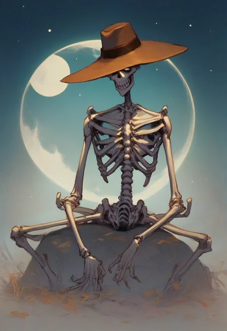 score_9, score_8_up, score_7_up, full dark, no stars, skeleton wearing cowboy hat, sitting on moon