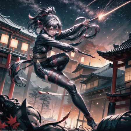 kunoichi, (((damaged clothes))), long black hair in a ponytail, beautiful face, night sky, ((action shot)), full body Japanese village, autumn, falling leave, vibrant colors, twinkling stars, intricate detail, (extremely complex:1 2), (sharp focus, realistic:1.3) <lora:more_details:1>