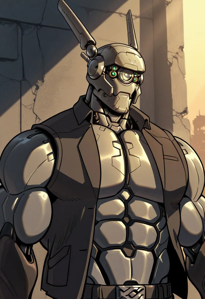 br1areos,robot,perfect quality, best quality,detailed, perfect anatomy, masterpiece, highres,solo,muscular,bara,waistcoat,open clothes,
,in ruins,light and shadow,tracing light,sunlight,dusk,detailed environment,upper body,looking at viewer