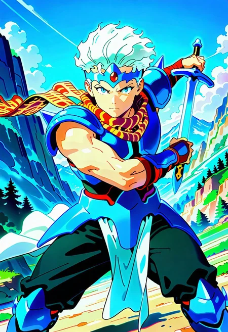 masterpiece, best quality, amazing quality, very aesthetic, absurdres, newest, ceodorff4tay, 1boy, short white hair, sleeveless, circlet, patterned scarf, spiked pauldrons, blue armor, blue vambraces, white loncloth, blue greaves, black pants, holding sword, action pose, looking at viewer, toned male, mountain background, (((young adult)))