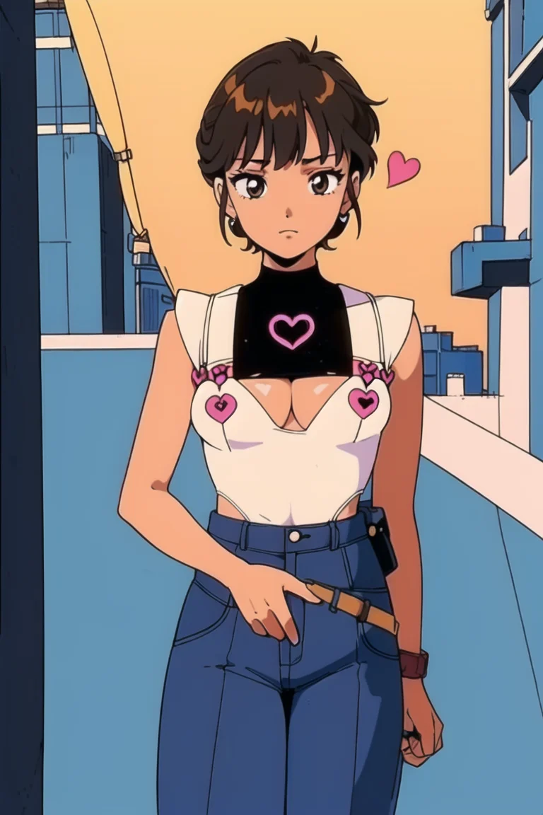 girl, (hotify,digital art,fit,hot body,instagram:1.2), (1990s, 90s:1.2),(monster:1.4), (Bright,Police Station Background:1.4),Skinny,Very Small Breasts,(Head Rest),Very Short Hair,Crochet Braids,(puce Heart Cleavage Cutout,tan Parachute Pants:1.3),hololive english,Leggings ,(masterpiece,detailed,highres:1.4) <lora:90s_steel:0.6>
