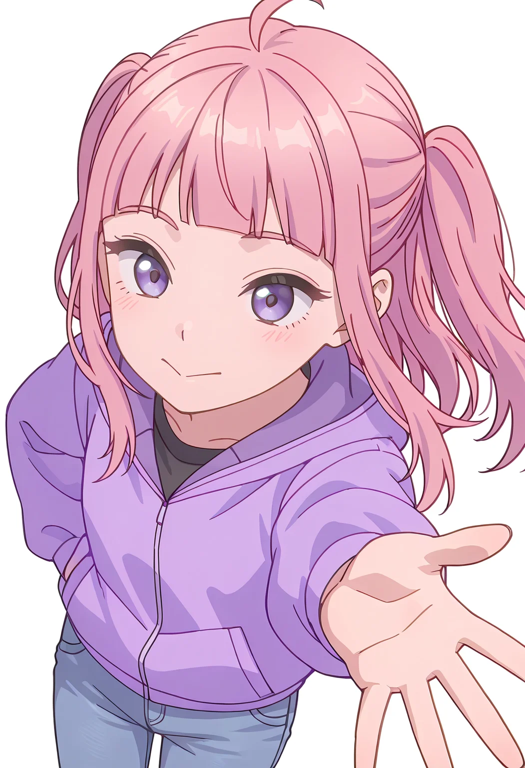 Smooth Quality,masterpiece,beautiful aesthetic, very intricate, high quality details, ultra realistic, high detailed skin,
simple background, white background,
dynamic angle,reaching,:>,
jeans, ,jacket, ,Thimble, <lora:Fuyuki_Momokocnn:0.8> momoko/cnn, pink hair, 1girl, ahoge, purple eyes,petite,