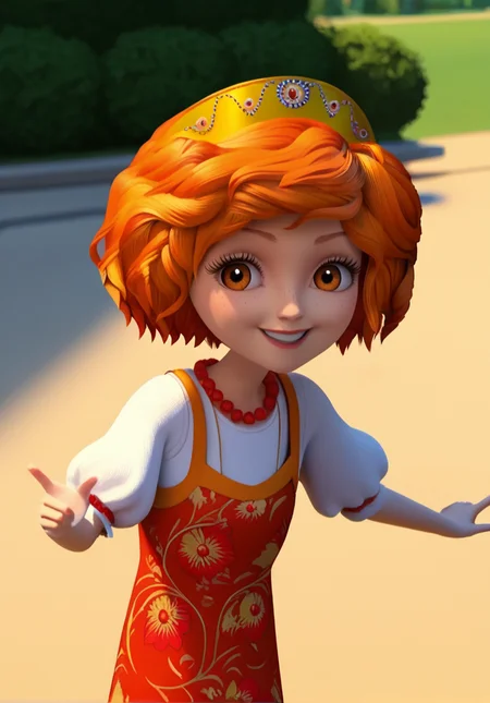 (zPDXL3), 1girl, solo, rooney, 1girl, solo, dress, red footwear, short sleeves, orange hair, freckles, necklace, orange eyes, puffy sleeves, puffy short sleeves, smile, cinematic lighting, volumetric lighting,
detailed, perfect, perfection, hands, looking at viewer, smile, happy, fun, dynamic angle, dynamic pose, outdoors,
<lora:Rooney_-_Little_Tiaras:1>  <lora:hand 5.5:1>