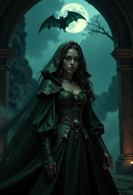 masterpiece, realistic scenery, ultra high quality, a gorgeous 23yo female vampire looks for victims in an medival castle, completely covered from the neck down, ancient dark green vampire robe with shimmering emeralds, a vampire bat in the air, night, moonshine, gloomy clouds, fog, close-up, (SFW:1.2), dark fantasy, eerie, horror, <lora:Flux Darkfantasy_epoch_1>