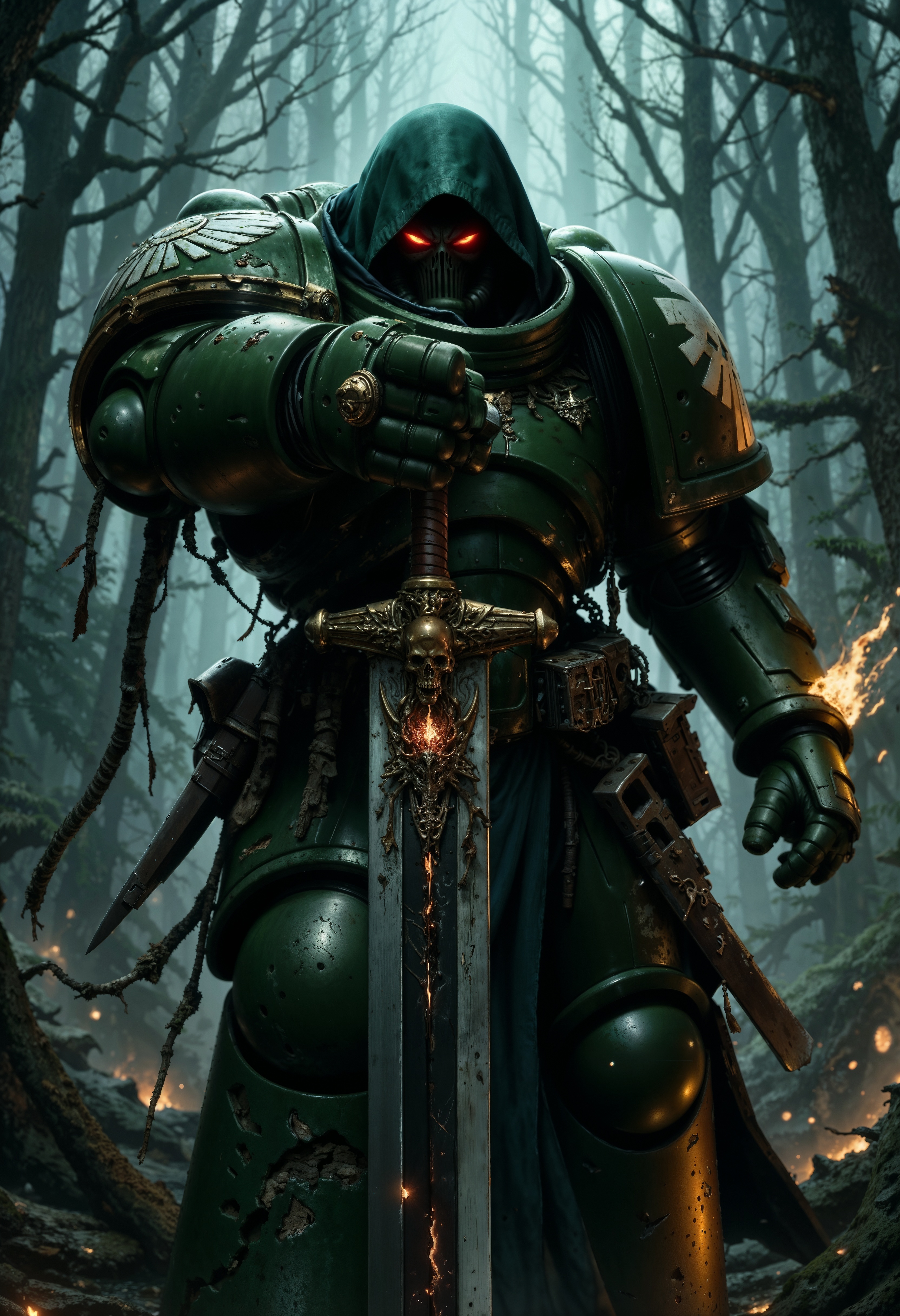 A Powerful DarkA40k space marine, draped in tattered, dark green power armor that pulses with a faint, eerie glow, stands on a creaking wooden bridge. He points the tip of a massive, rune-etched sword menacingly at the camera, the blade crackling with dark energy. Shadows swirl around him, and the misty air is thick with tension. red flames flicker within his hollow eyes, reflecting the bridge's warped, splintered planks, over the sword camera view  <lora:FluxDarkA40k:1> <lora:FluxMythP0rtr4itStyle:0.7>