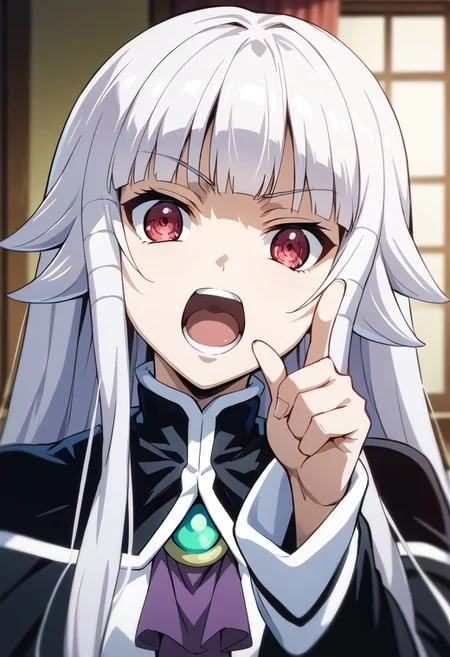 score_9,score_8_up,score_7_up,source_anime, Anri Hazeworth,1girl,solo,looking at viewer,open mouth,:o,parody,pointing,pointing at viewer,