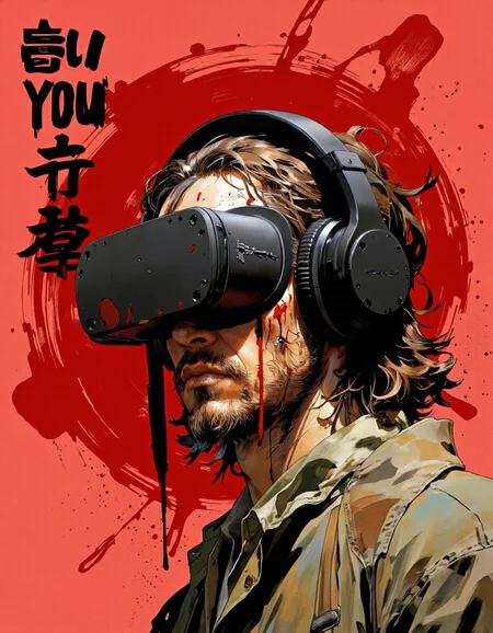 IllusFactor1.. A digital illustration shoot from a portrait camera angle about a man wearing a VR headset with blood splatters on his face, set against a red background with japanese text. the image also shows a man with long hair and a beard, wearing a military-style jacket, with a serious expression. on the middle of the image, a man, who appears to be in his mid-twenties, is standing with his upper body facing the viewer. he has a beard and mustache, and his hair is styled in a messy manner. he is wearing a pair of black headphones, which are positioned on his head. the man's face is partially obscured by the vr headset, and he is looking directly at the viewer with a focused expression. the background features a large red circle with splashes of blood, and the text "you" and "yoy" are written in both Japanese characters. the overall style is reminiscent of modern video game posters, with bold lines and vibrant colors.