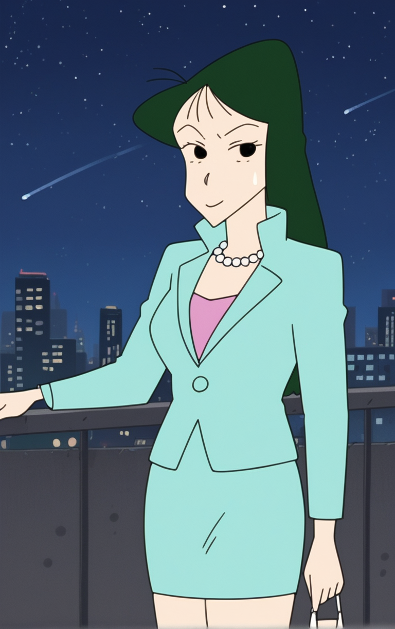 score_9, score_8_up, score_7_up, looking at viewer,  BREAK
Suit_UmeMatsuzaka_ownwaifu, 
1girl, green hair, straight hair, long hair, black eyes,  bangs, medium breasts, breasts, 
blue suit, cleavage, formal, high collar, jewelry, pearl necklace, skirt suit, long sleeves, pencil skirt, 
(standing, arm_support), railing, cityscape, night, city, city lights, scenery, starry sky, outdoors, <lora:PONYXL_ShinChan_UmeMatsuzaka_ownwaifu:0.8> , depth of field, solo,