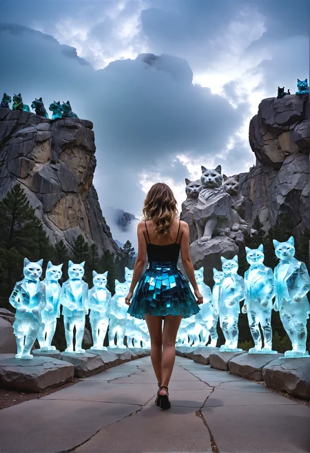 photo of an epic vista, closeup of 20-year old lone woman skirt approaching mount Rushmore and all founding cat statues made of broken glass, atmospheric, moody, at night, lovesome, distressing, bonnie, terrifying, obscured, clouds, mist, ultra detailed, excellent composition, <lora:SDXL10\Made_of_pieces_broken_glass_v2-000005:0.5>,<lora:SDXL10\attractive:2>