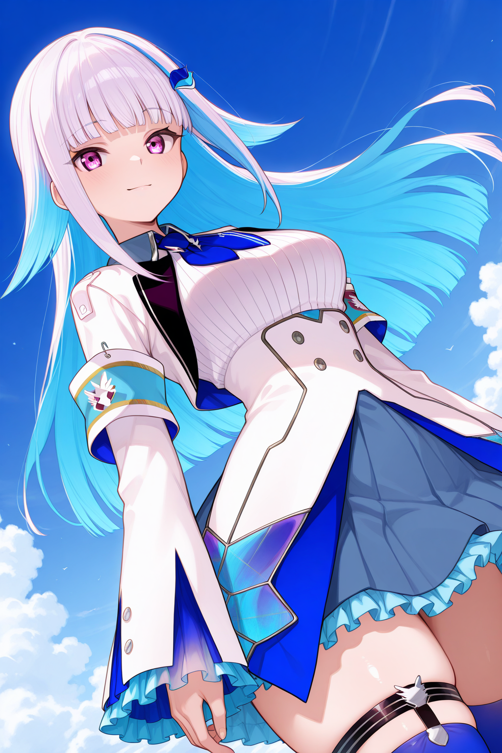 1girl, LizeHelestaNijisanji, 
general, solo, perspective, dynamic angle, upper body,
purple eyes, looking at viewer,
light smile,
long hair, white jacket,
frilled sleeves, armband,
blue necktie,
collared shirt, large breasts, 
frilled skirt, thick thighs, thigh strap, blue thighhighs,
blue sky, wind,
<lora:kp_LizeHelestaNijisanji1stCostumeIllustrious_v1_0:1.0>,
masterpiece, best quality, amazing quality