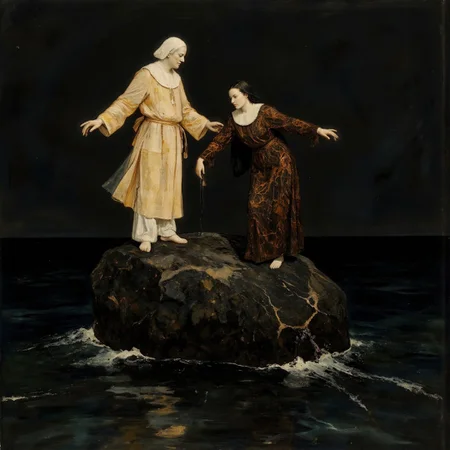 Art Deco realistic photo of intricate illuminated nun and clown standing on a rock in an ocean, (black-tinted:0.5), very detailed, ethereal white and yellow and copper palette. The scene is both serene and ominous. <lora:white1:0.4> <lora:AmeshinART_Dream:0.4> <lora:Midjourney_Whisper_AgateX_v1:0.5> <lora:Eldritch_Paint_Sketch_for_Flux_1.0.5:0.6>
