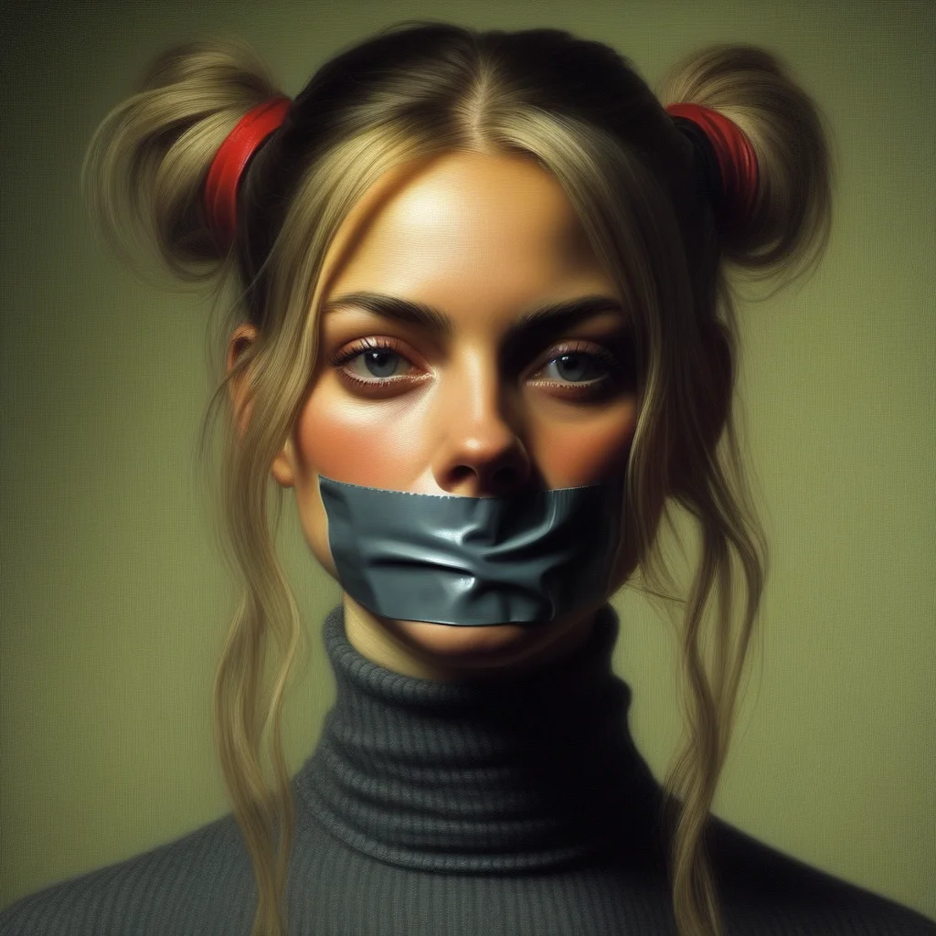 portrait of a woman, gagged, tapegag, ponytail