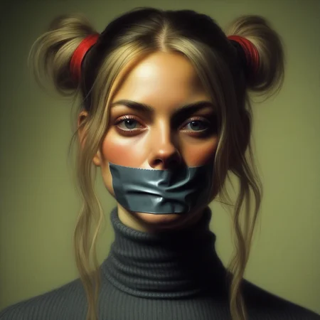 portrait of a woman, gagged, tapegag, ponytail