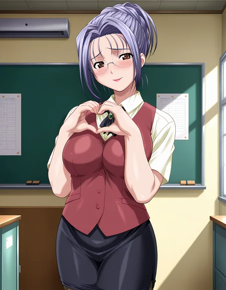 masterpiece, best quality, amazing quality, official art, ultra highres, very aesthetic,
1girl, katsuragi_megumi, glasses, hair up, purple hair, brown eyes, makeup,
red teacher, black pencil skirt, pantyhose,
seductive smile, blush, raised eyebrows, looking at viewer,
standing, heart hands, in class room, day, sharp focus, depth of field, highly detailed
<lora:katsuragi megumi v1.0-000009:1>