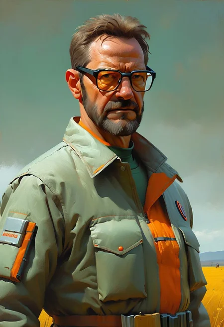 "Tool"'s Album Cover style.
Portrait of "Gordon Freeman".
By "Simon Stalenhag".
Life-like details.
Cinematic.
Dramatic.
Dynamic.
Extremely refined lines and and shapes.
Extremely refined details on objects.
Sharp details.
Wide range of colors.
Many details everywhere. Ray-Tracing. Anti-Aliasing. Realistic soft shadows. Low saturation colors. Insane quality. Insane resolution. Insane details. Masterpiece. 32k resolution.