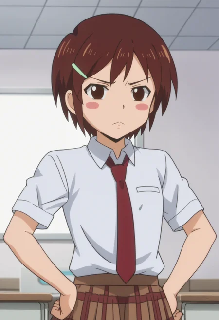 source_anime,anime screencap, anime coloring,intricate details,rating_explicit, masterpiece, best quality,
(best quality, absurd res, ultra detailed),,(4 finger:0.5),1girl, ((solo)), good eyes,perfect eyes,,detailed eyes, zPDXLxxx , zPDXL3,detailed, detailed face
BREAK
solo,indoors,standing,front view, upper body,hands on hips,
ringo, 1girl, brown eyes, brown hair, short hair, blush stickers, hairclip, school uniform,
white shirt, short sleeves, necktie, skirt,
frown,
, <lora:add-detail-xl:2>  <lora:Ringo:0.8>