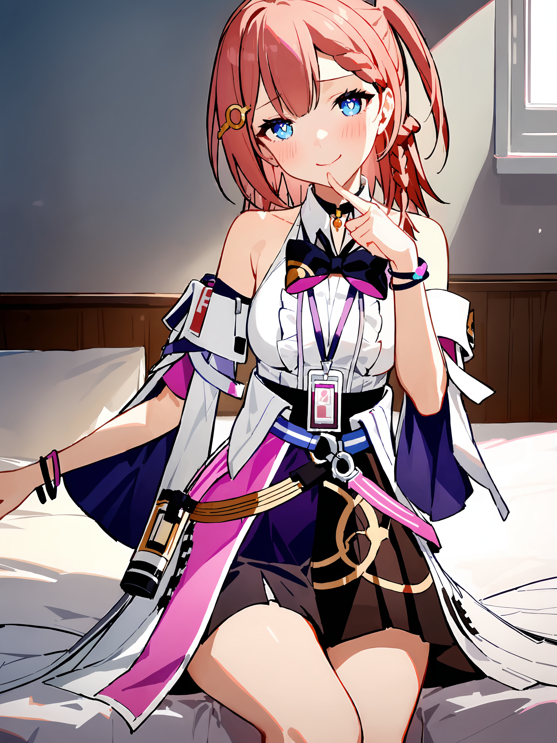 1girl, asta \(honkai: star rail\), detached sleeves, sleeveless shirt, id card, high-waist skirt, overskirt, thigh strap, bracelet, hairpin, belt, bowtie, choker, looking at viewer, head tilt, smug, smile, blush, sitting, cowboy shot, finger to cheek, bedroom, indoors, depth of field  <lora:Char-HonkaiSR-Asta-XL-V1:0.8> <lora:XL-tool-extremely_detailed:1>, masterpiece, best quality, perfect features, extremely detailed, intricate details, ray tracing, very aesthetic, (hitenkei, askzy:0.4)