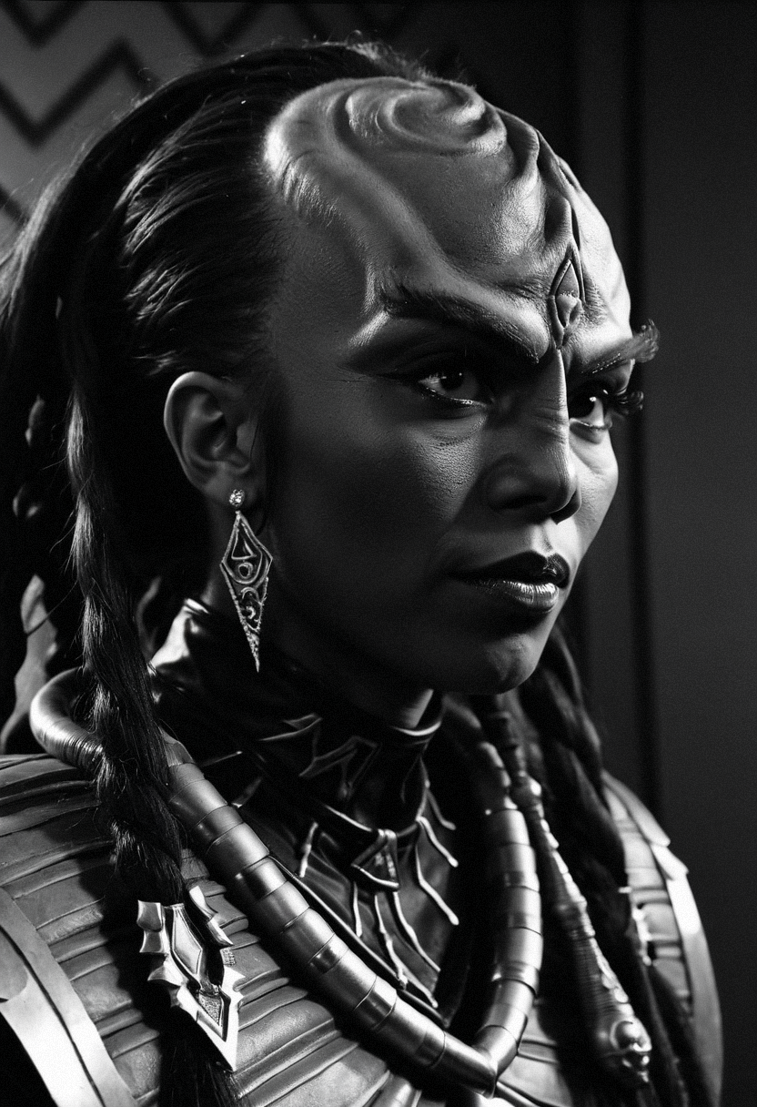 Monochrome portrait photography, extreme close-up, female klingon, strong brow ridges, dark brown skin, proud expression, ornate forehead crest, ritual markings, traditional klingon jewelry, warrior dreadlocks, sharp features, intense eyes, deep shadows, single light source from the side, intense gaze, high contrast, Hasselblad 500C/M with 80mm lens, Ilford Pan F Plus 50, dramatic lighting, cinematic, 8k --ar 2:3 --style raw