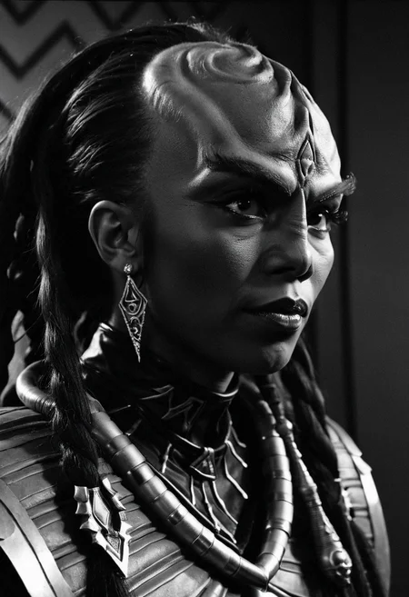 Monochrome portrait photography, extreme close-up, female klingon, strong brow ridges, dark brown skin, proud expression, ornate forehead crest, ritual markings, traditional klingon jewelry, warrior dreadlocks, sharp features, intense eyes, deep shadows, single light source from the side, intense gaze, high contrast, Hasselblad 500C/M with 80mm lens, Ilford Pan F Plus 50, dramatic lighting, cinematic, 8k --ar 2:3 --style raw