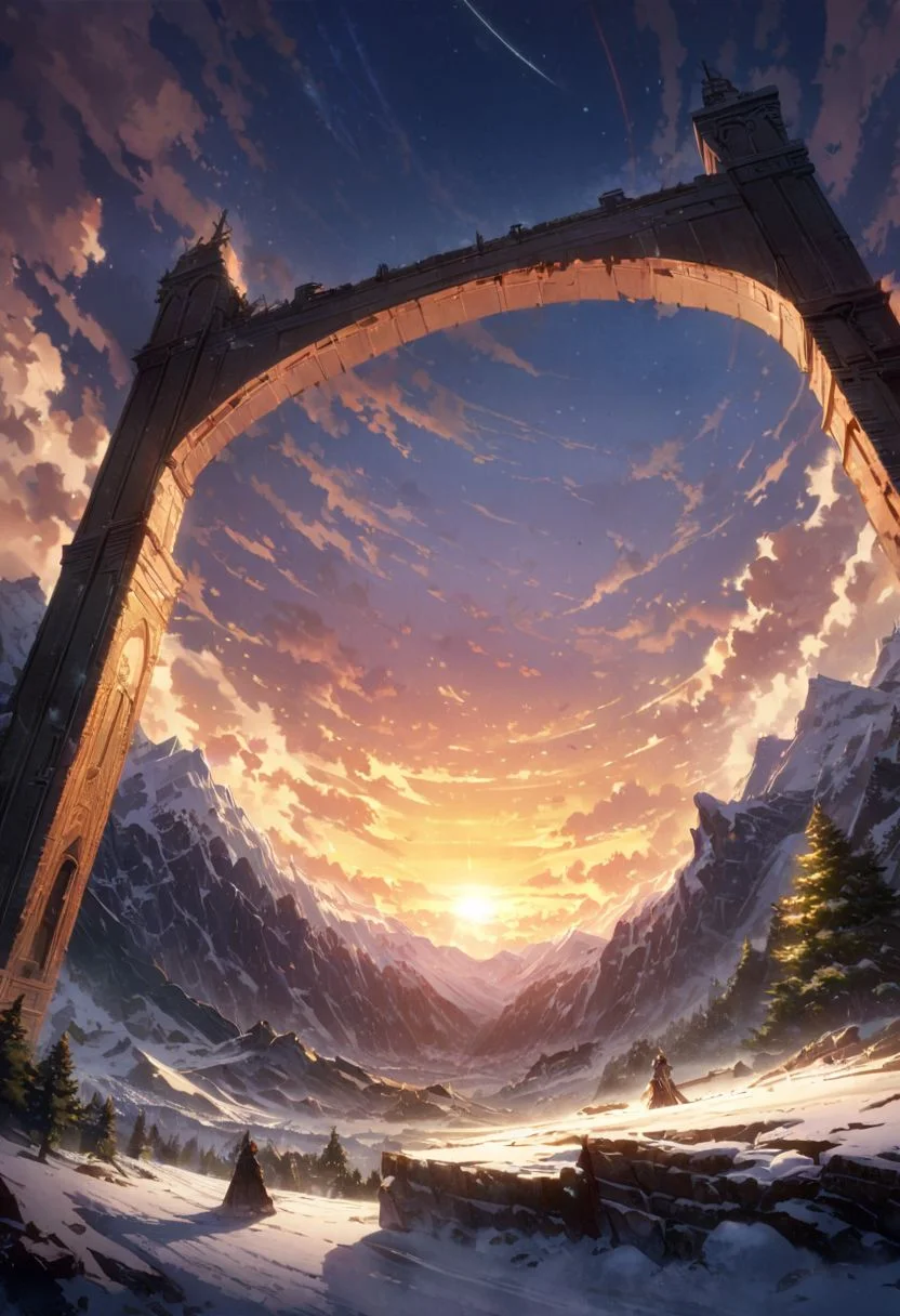 detailed background, valhalla, giant valhalla's gate, golden gate, intrincate gate, closed gate, norse, auroras amongst snowy greenery, beautiful view, giant mountains, fantastic, early morning, sunset sky, beautiful clouds, dappled sunlight, outdoor seating, Snow-capped mountains, white clouds, depth of field, masterpiece, best quality, ultra-detailed, very aesthetic, illustration, perfect composition, intricate details, absurdres, moody lighting, wisps of light, RAW Photography, lens flare, low wide angle,, (sharpness in detail:1.1), Canon EOS 5D Mark IV, masterpiece, (iconic photograph:1.4), (visual storytelling:1.2), film grain, award winning