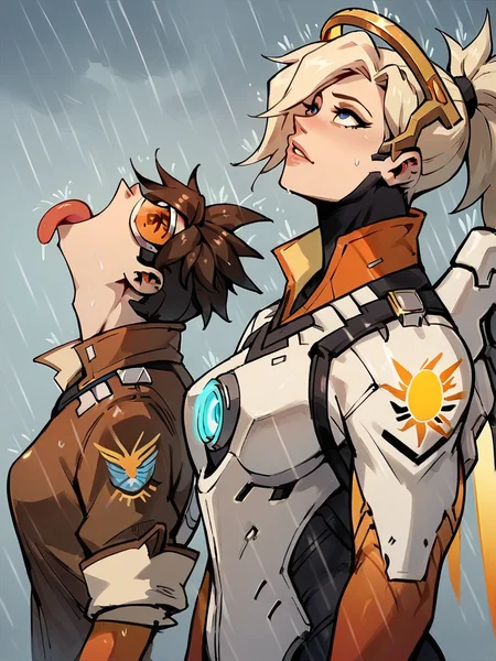 score_9, score_8_up, score_7_up, score_6_up, score_5_up, <lora:VIRmemeXLP:0.6> vir, rain, looking up, 2girls, tongue out, tracer \(overwatch\), mercy \(overwatch\),