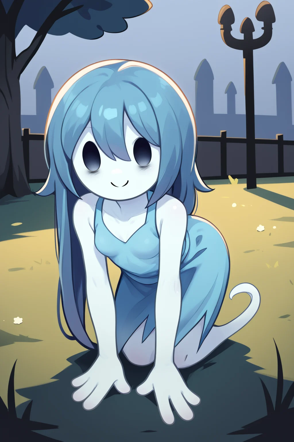score_9, score_8_up, nsfw, score_7_up, <lora:Spooky:0.9> spooky (sjm), ghost girl, solid oval eyes, smile, transparent, colored skin, long blue hair, small breasts, blue dress, solo, on all fours,, grass, park,,