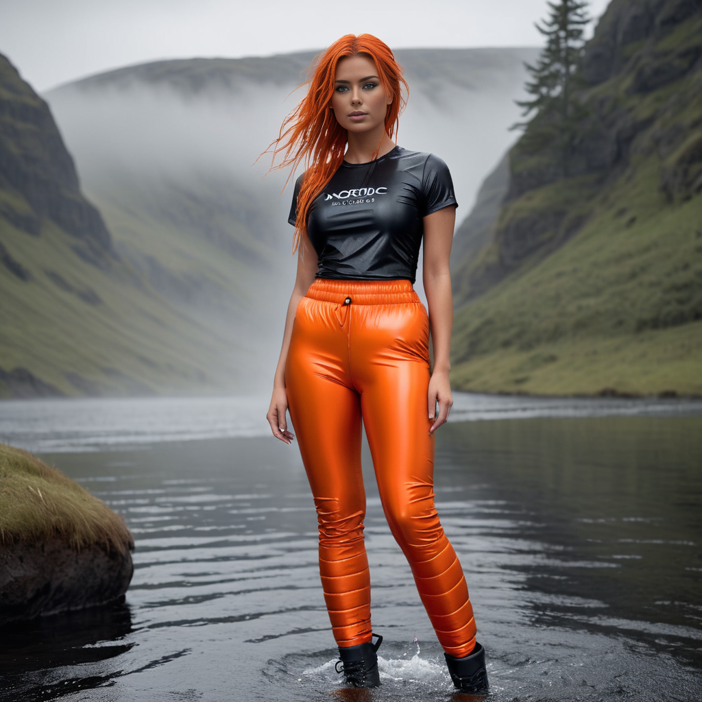 full body shot one nordic 25 year old women ,unique, wearing a dark orange   ((pair of puffer leggings,teeshirt)) unique hair styles, 8k uhd, dslr, high quality, photorealistic, realism, hyperrealism, wetlook raining water scene
 <lora:snowpants_v1-000003:0.9>