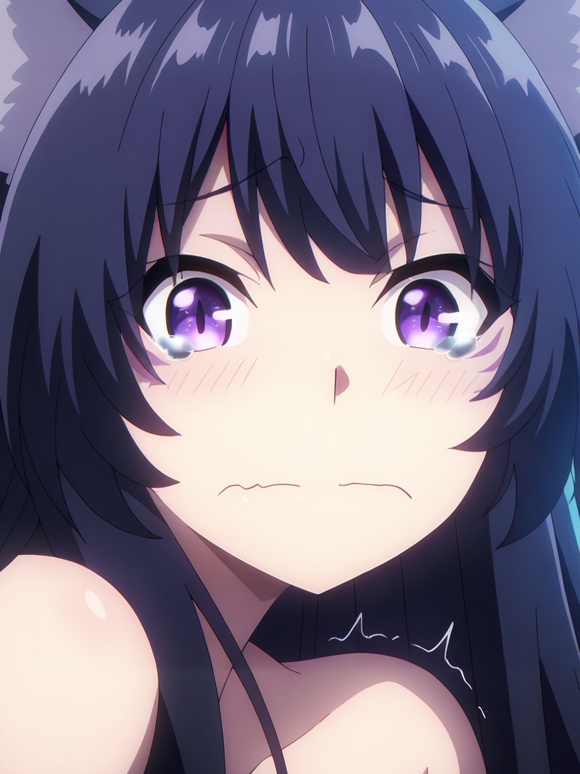 <lora:Delta_Character:0.8>delta, 1girl, solo, black long hair, purple eyes, purple whisker marks, black wolf ears, bare shoulders, scared, tears, flushed face, trembling lips, close-up, looking at viewer, side blue light