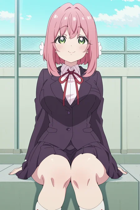 anime coloring, anime screencap, masterpiece, best quality, amazing quality, detailed face,
 <lora:Hakari_and_Hahari_Hanazono_Mei_Meido_and_Nano_Eiai_The_100_Girlfriends_Who_Really_Really_Really_Really_Really_Love_You:1>
on top of a roof of a Japanese school,
Hakari Hanazono school uniform (outfit), Hakari Hanazono (character), 1girl, solo, white socks, sitting, skirt, pink hair, socks, green eyes, neck ribbon, jacket, hair flower, red ribbon, ribbon, hair ornament, school uniform, sezia, looking at the viewer, cute smile, cowboy shot