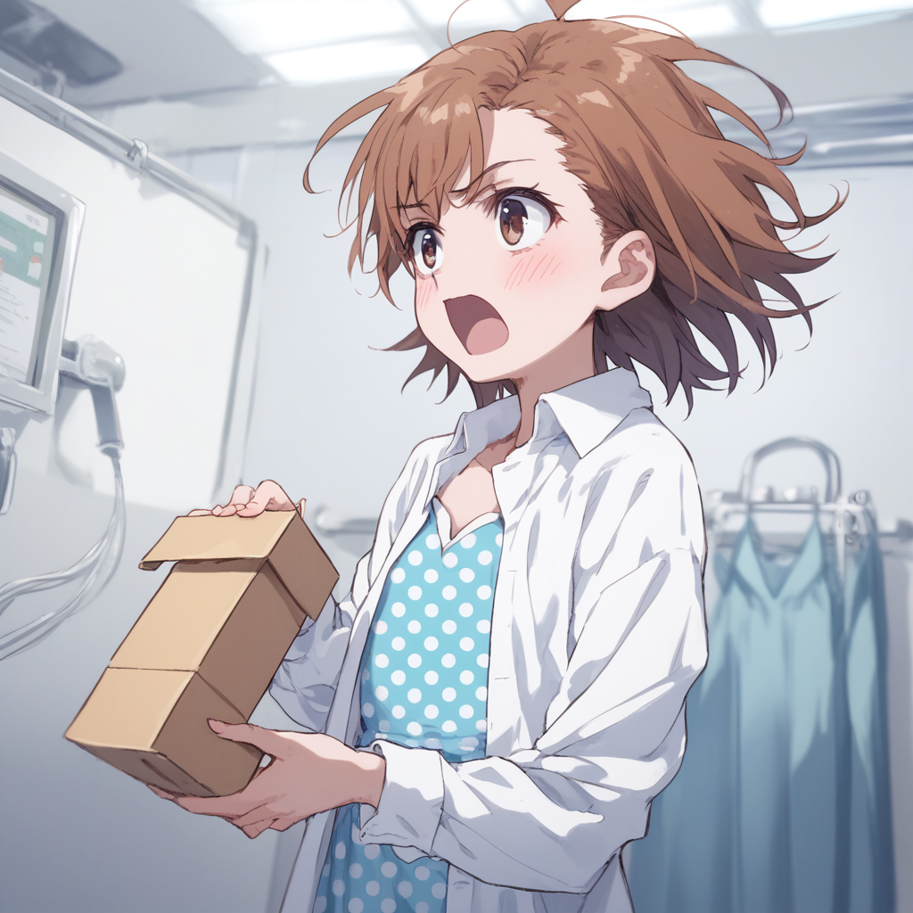 anime coloring, score_9, score_8_up, score_7_up, score_6_up, misaka20001 last-order, toaru, 1girl, solo, brown hair, polka dot, shirt, open mouth, short hair, parody, box, upper body, polka dot dress, holding, blush, white shirt, open clothes, blue dress, holding box, dress shirt, clinic, hospital interior