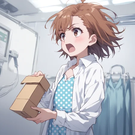 anime coloring, score_9, score_8_up, score_7_up, score_6_up, misaka20001 last-order, toaru, 1girl, solo, brown hair, polka dot, shirt, open mouth, short hair, parody, box, upper body, polka dot dress, holding, blush, white shirt, open clothes, blue dress, holding box, dress shirt, clinic, hospital interior