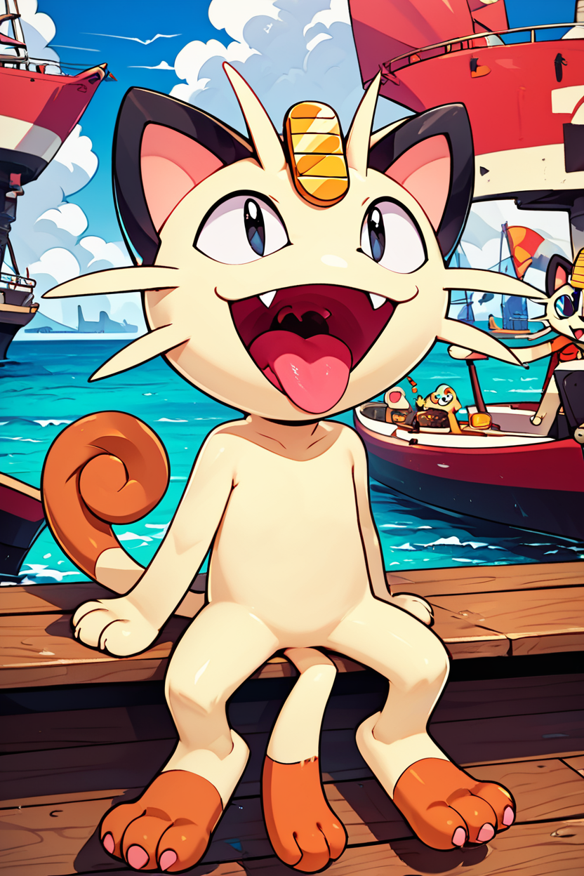 score_9, score_8_up, score_8,  ,,,  zzMeowth, smile, open mouth, sitting, full body, :d, outdoors, sky, day, tongue, cloud, water, black eyes, fangs, watercraft, ship, boat, ,<lora:MeowthPokedexPDXL:0.8>,   ,,, ,,, embedding:zPDXL, Expressiveh, <lora:CatalystStylePDXL:0.6>,  <lora:SDXLFaeTastic2400:0.5>,  <lora:Expressive_H-000001:0.4>,