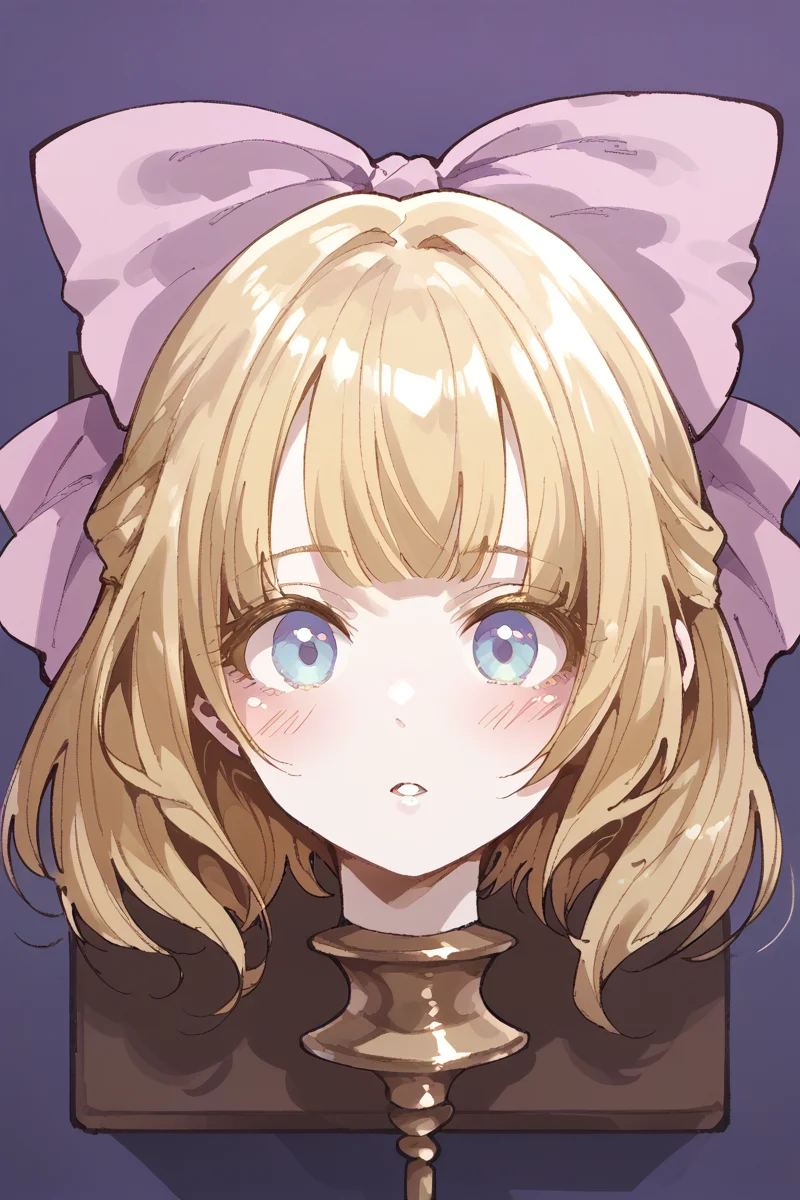 score_9, score_8_up, score_7_up, score_6_up, 
 <lora:Hagi-gihaV2:1> hagi, 1girl, solo, blonde hair, bow, hair bow, portrait, pink bow, looking at viewer, parted lips, short hair, purple background, headcon, blush
