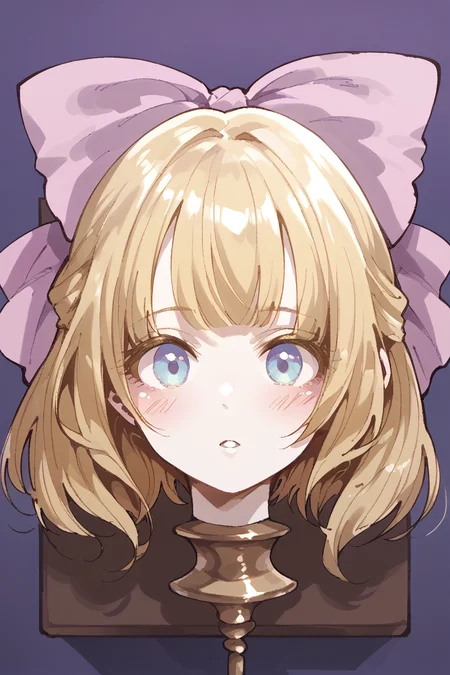 score_9, score_8_up, score_7_up, score_6_up,
<lora:Hagi-gihaV2:1> hagi, 1girl, solo, blonde hair, bow, hair bow, portrait, pink bow, looking at viewer, parted lips, short hair, purple background, headcon, blush