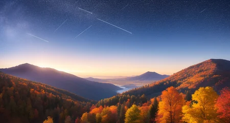 Scenery, mountain vistas, floating leaves, autumn, light and shadow, dream, shooting stars in the sky,evening