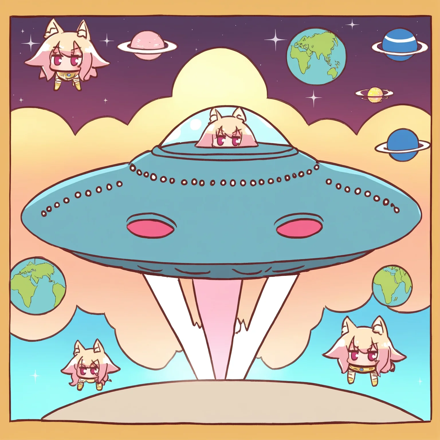 <lora:kemomimi_xl_lion:1>kemomimi ,objectification,Kemomimi personating as UFO.guided missiles,Space, planets,Flesh Gordon