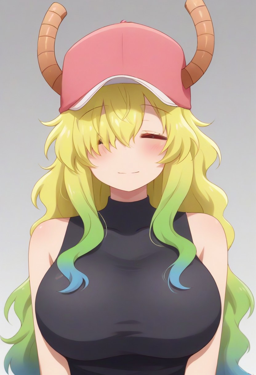 source_anime BREAK solo, 1girl,female, lucoa, blonde hair, blue hair, dragon girl, gradient hair, green hair, hair between eyes, horns, horns through headwear,pink hat, hair over eye, black tight tanktop,,closed eyes,<lora:Elbow_Squeeze__Concept_Lora-000007:1>,