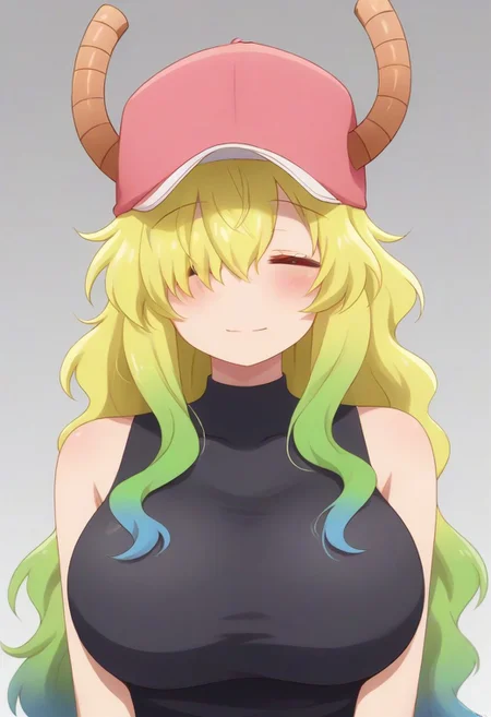 source_anime BREAK solo, 1girl,female, lucoa, blonde hair, blue hair, dragon girl, gradient hair, green hair, hair between eyes, horns, horns through headwear,pink hat, hair over eye, black tight tanktop,,closed eyes,<lora:Elbow_Squeeze__Concept_Lora-000007:1>,
