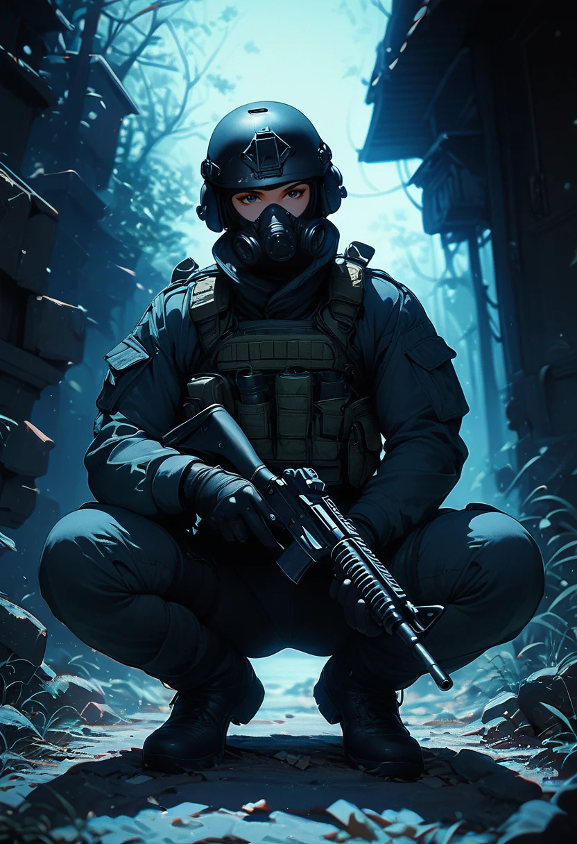 (score_9, score_8_up), score_7_up, gloves, long sleeves, looking at viewer, outside, waving, squatting, male focus, black gloves, uniform, gun, military, mask, helmet, holding gun, pouch, dark theme, gas mask, tactical clothes, all black attire, bulletproof vest , blue lighting, retro
<lora:nostalgia-000011:0.7> <lora:warcore-000011:0.7>