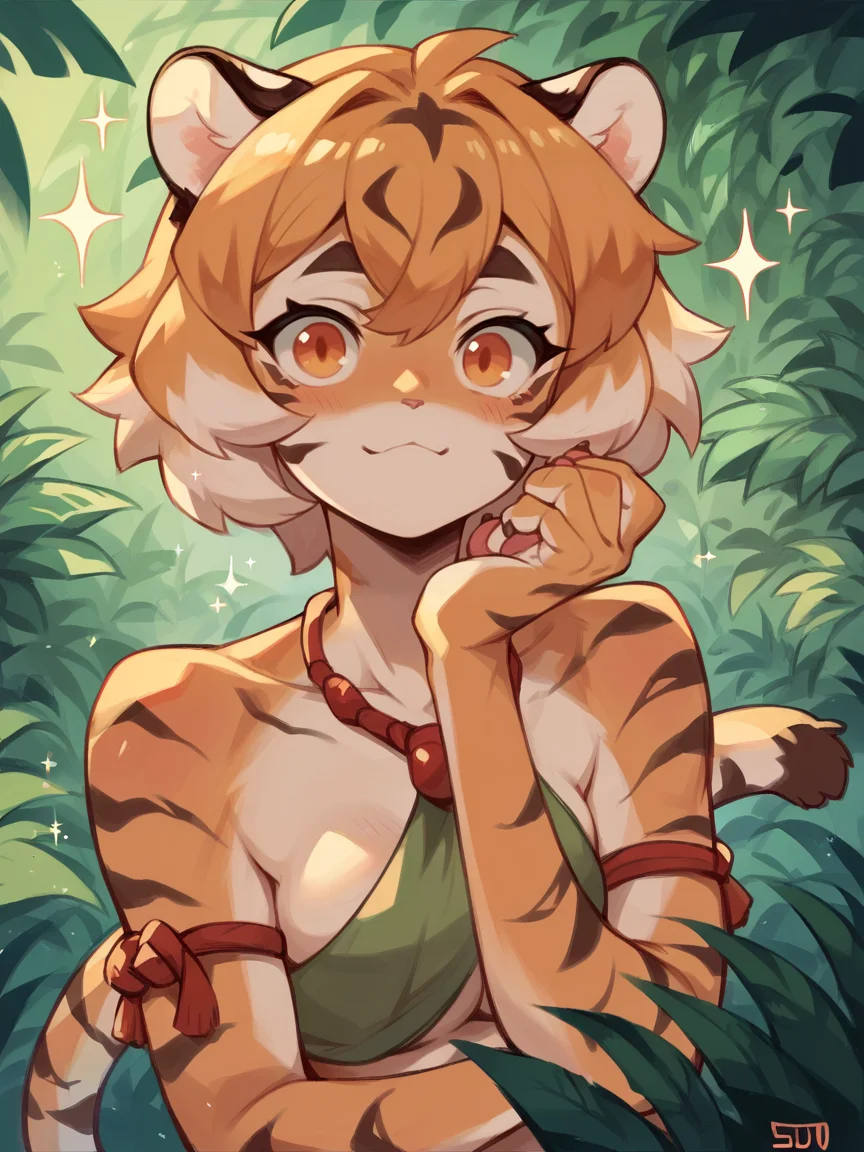 score_9, score_8_up, score_7_up, score_6_up, score_5_up, 1girl, <lora:su1zXLP:1> su1z, tiger girl, cute, sparkle, jungle