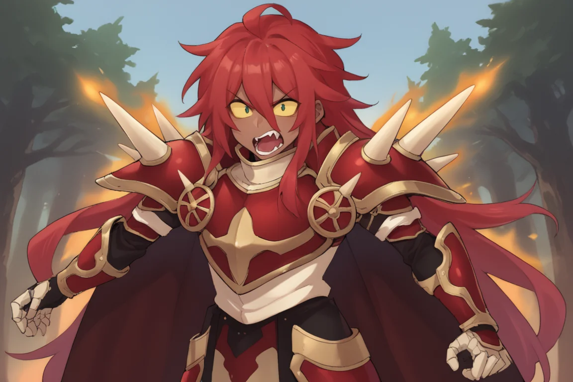 score_9, score_8_up, score_7_up, score_6_up, source_anime, BREAK, <lora:Gulcasa-000012:0.6> , guldef, (dark skin), dark-skinned male, Guldem, fiery aura, (1boy), red hair, long hair, hair between eyes, (yellow sclera), (armor), spikes, shoulder armor, shoulder spikes, cape, red cape, pauldrons, gauntlets, leaping into battle,  (looking at viewer), shouting, angry,  <lora:detailed_backgrounds_v2:0.5> , masterpiece, best quality, very aesthetic, absurdres, forest, outdoors, nature, blue sky,  <lora:Agawa_Ryo_PonyXL:0.5>